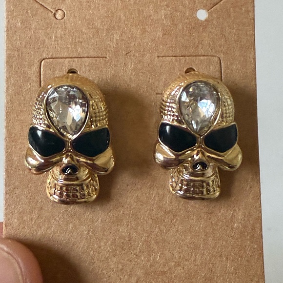 Jewelry - Gold and Black w/clear Rhinestone Skull Stud Earrings